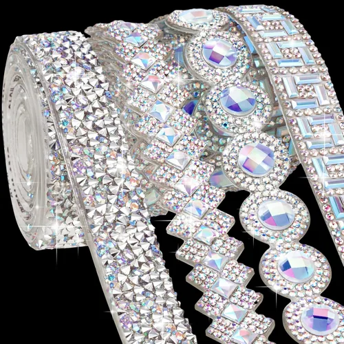 Vista 14 de Juexica Cintas autoadhesivas de diamantes de imitación de 4 yardas, 4 estilos de rollo de diamantes de imitación, cinta brillante con purpurina