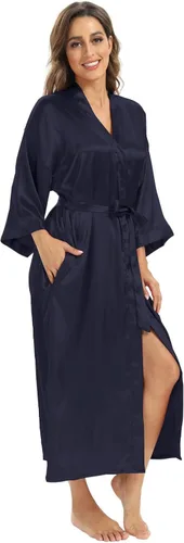 Vista 5 de Batas largas de satén suaves para mujer, batas largas de seda de longitud completa, kimonos, bata de baño sedosa, bata de baño