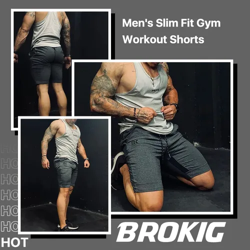 Vista 2 de BROKIG Pantalones cortos de entrenamiento de malla para hombre, pantalones cortos de entrenamiento para gimnasio, fisicoculturismo, pantalones