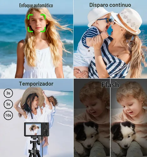 Vista 6 de Cámara digital 4K, cámara digital compacta digital de enfoque automático, zoom digital de 16X, cámara de viaje mejorada con tarjeta SD de 64 GB, 2