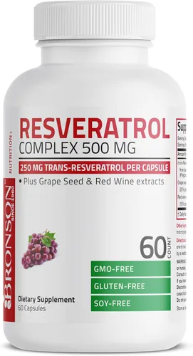 Vista 5 de Bronson Resveratrol 500 Complejo Estandarizado Trans-Resveratrol + Extracto de Semilla de Uva y Vino Tinto, 60 Cápsulas