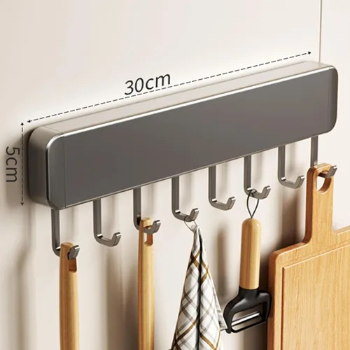 Vista 3 de Percha para utensilios de cocina, ganchos para montar en la pared, sin taladrar, ganchos extraíbles y ajustables, riel de cocina con 8 ganchos