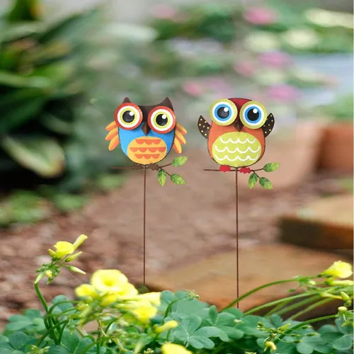 Vista 5 de Juego de 2 estacas de metal con diseño de atracción, decoración de búho para interiores y exteriores, decoración de búho para patio, césped, jardín