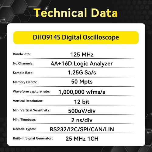 Vista 5 de RIGOL Osciloscopio digital DHO914S 125 MHz 4-Ch + 16 Digital 1.25 GSa/s 12-bit 50 Mpts UltraAcquire 1,000,000 wfms/s AFG + Bode Plot LAN/USB/HDMI