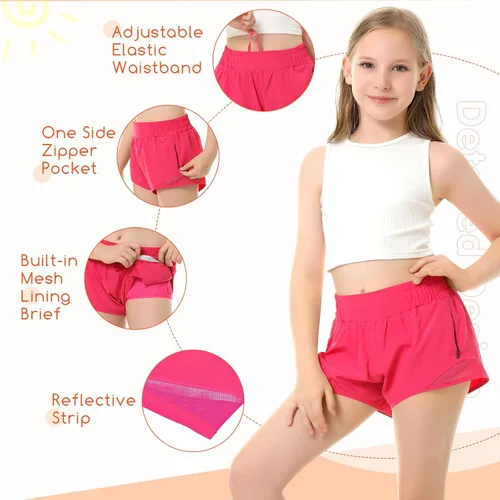 Vista 3 de Pantalones cortos deportivos para niñas, de secado rápido, con bolsillo con cremallera, para adolescentes y niños, pantalones cortos deportivos
