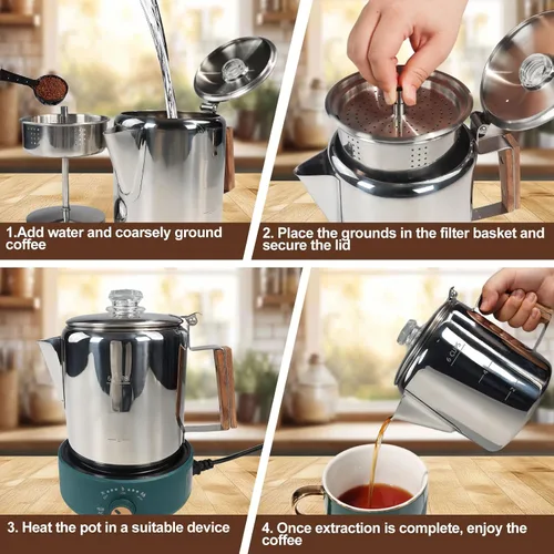 Vista 9 de Percolador de 6 tazas de acero inoxidable 304, cafetera con mango de madera maciza, perilla transparente, estufa Greca Mocha para inducción, hogar