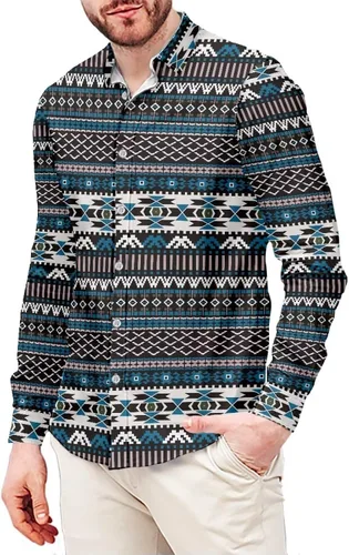Vista 12 de Camisa azteca con botones para hombre, patrón nativo americano, camisas de manga larga con cuello en V y nación tribal