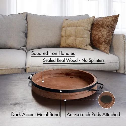 Vista 2 de Bandeja redonda para mesa auxiliar, bandeja de madera de granja de 13.2 pulgadas con asas de metal, bandejas decorativas redondas para mesa de café