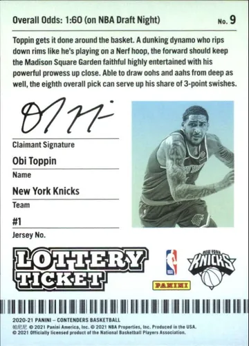Vista 2 de Billete de lotería de NBA Contenders #9 Obi Toppin New York Knicks 2020-21 - Boleto oficial de baloncesto de Panini en estado crudo