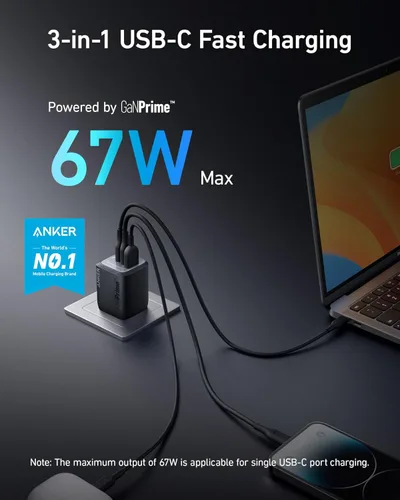 Vista 2 de Anker Prime 67W Cargador USB C, Cargador de pared GaN Anker, Cargador PPS compacto de 3 puertos y rápido, para MacBook Pro/Air, Pixelbook, iPad Pro