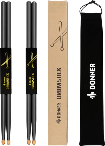 Vista 2 de Donner Baquetas 5A, baquetas clásicas de madera de arce negro con bolsa de almacenamiento, 2 pares