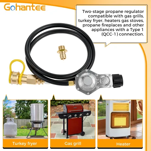 Vista 2 de Regulador de propano de dos etapas con manguera de 5 pies para tanque de propano QCC1/Type1, conector rápido desmontable de 3/4" y enchufe