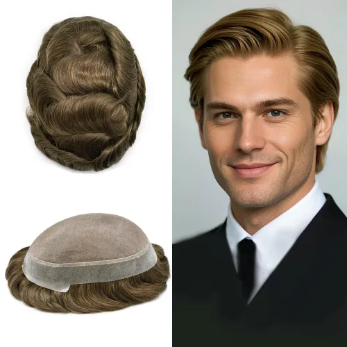 Vista 78 de Toupee para hombres Piezas de pelo fino mono para hombre Toupee sistema de reemplazo de pelo para hombres línea capilar natural para hombre postizo