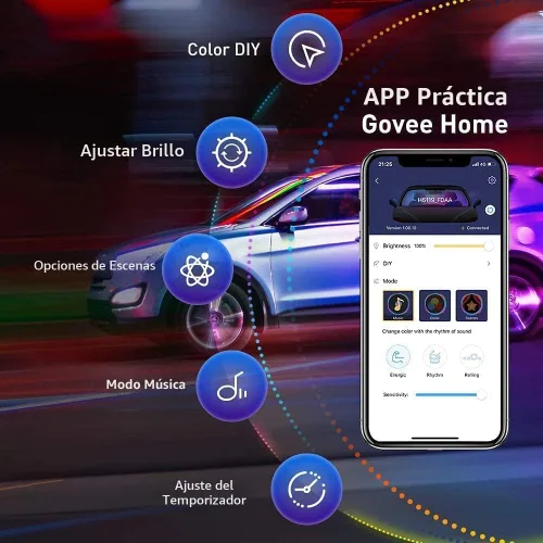 Vista 4 de Govee Luces de coche, luces interiores inteligentes RGBIC para el interior del automóvil con aplicación, control remoto, luces LED para decoración