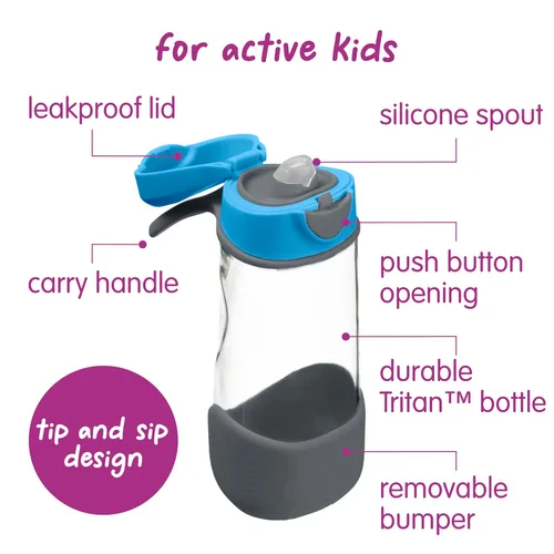 Vista 3 de b.box Sport Spout Kids - Botella de agua para la escuela, botella de agua Azul (Blue Slate)
