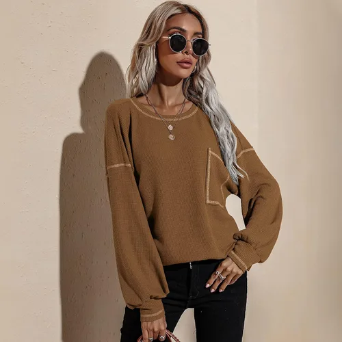 Vista 8 de LAO POPO Women's Long Sleeve Casual Round Neck Sweatshirt Pullover Loose Solid Color Top Pocket T-Shirt