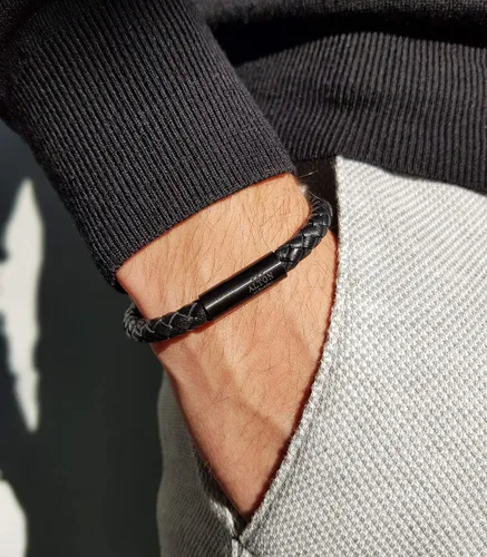 Vista 7 de Alton of Sweden Pulsera de cuero de primera calidad para hombre Pulsera de piel de becerro trenzada negra auténtica Cierre magnético fuerte Caja