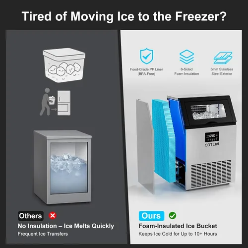 Vista 3 de COTLIN - Máquina comercial para hacer hielo de 200 libras en 24 horas, 60 cubitos por ciclo, con depósito de almacenamiento con aislamiento de más