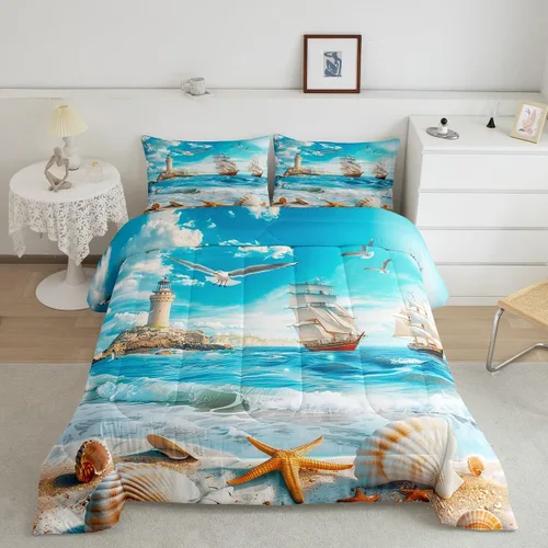 Vista 3 de Castle Fairy Juego de edredón de verano para niños, tamaño individual, diseño náutico reversible con diseño náutico de estrellas de mar, barco y Azul