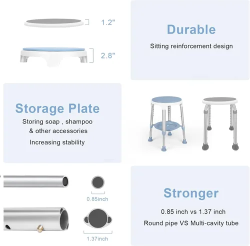 Vista 5 de Silla de ducha para ducha interior, taburete de ducha giratorio sin herramientas con bandeja de almacenamiento, silla de bañera ajustable y taburete