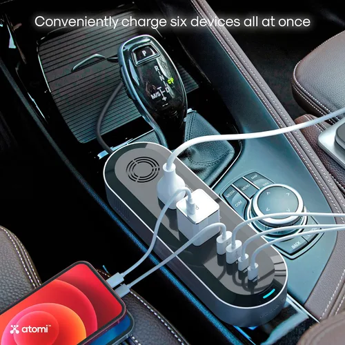 Vista 5 de Atomi - Inversor de corriente para automóvil de 150 W con 2 tomas de corriente alterna de 110 V + 2 puertos USB-C + 2 puertos USB de carga