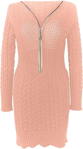 Vista 3 de Vestido de cóctel para mujer, de color sólido, de punto, mediana, manga larga, media cremallera, cuello en V, vestido de fiesta, vacaciones