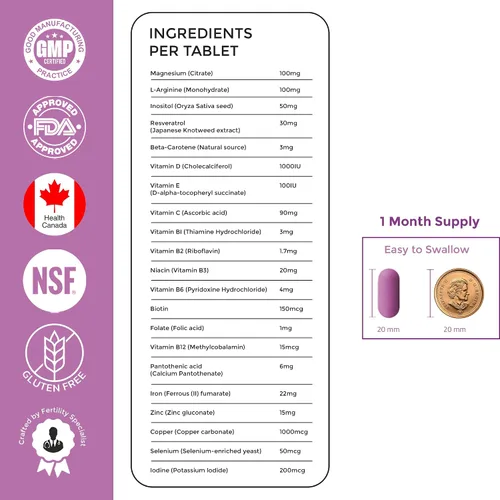 Vista 6 de MedFertil Soporte de fertilidad, vitaminas prenatales con hierro, mio-inositol, ácido fólico, yodo, biotina y vitaminas B, 30 tabletas