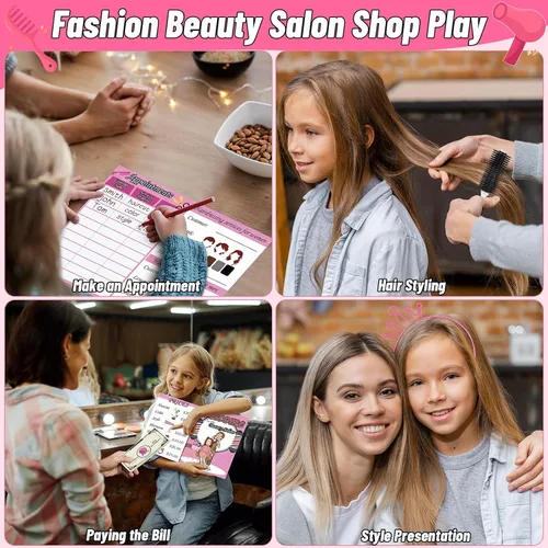 Vista 7 de Gifts2U Juguetes de peluquería para niñas, juego de salón de belleza para niñas, juego de peluquería con secador de pelo, delantal de disfraz