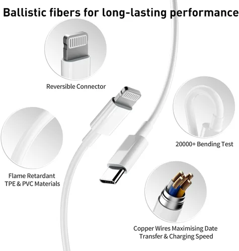Vista 5 de Cargador de carga rápida para iPhone 14, 13, 12, 11 [certificado MFi], paquete de 3 bloques de cargador de pared USB C PD de 20W con cable USB C a