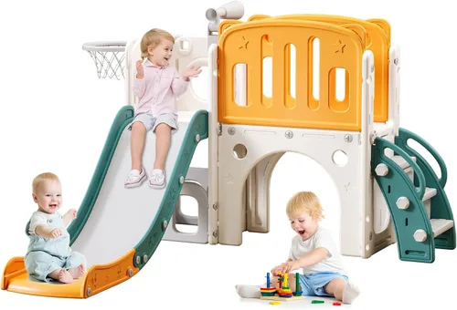Vista 7 de YUYUE Tobogán 8 en 1 para niños pequeños de 1 a 3 años, tobogán extra largo con aro de baloncesto para interiores y exteriores, juego de escalador