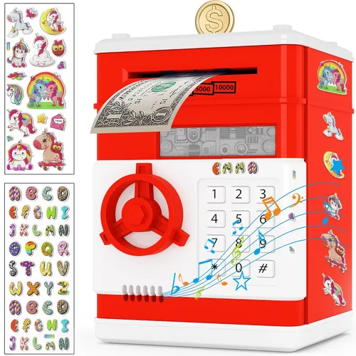 Vista 9 de JUNEU Hucha para niños, juguetes para niños de 3, 4, 5, 6, 7, 8 años, alcancía electrónica para ahorrar dinero para niños, mini alcancía