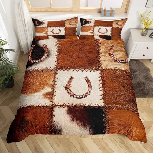 Vista 14 de Funda de edredón de herradura con diseño de estrellas de Texas, estilo occidental, rústico, verde azulado, juego de ropa de cama individual