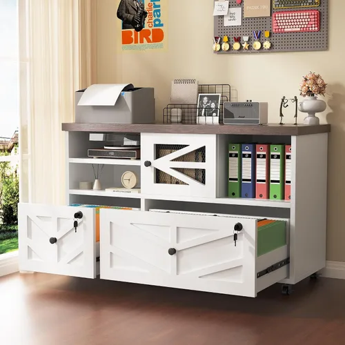Vista 15 de Semoic Archivador de 2 cajones con cerradura, archivador lateral móvil para tamaño carta/legal/A4, estante ajustable de almacenamiento abierto