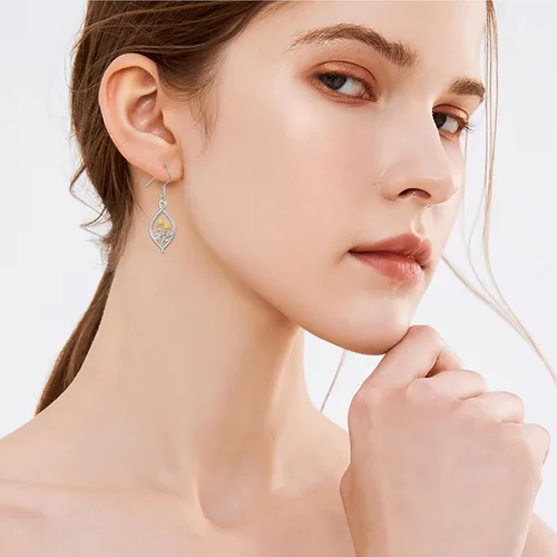 Vista 69 de Aretes colgantes de filigrana de plata de ley 925, margarita, loto, flor de rosa, piedra lunar, lágrima para mujer, nudo celta infinito, margarita