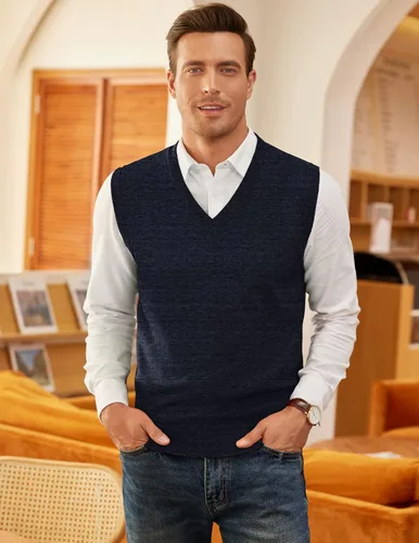 Vista 2 de COOFANDY Chaleco de suéter casual ligero con cuello en V para hombre, Vino