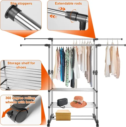 Vista 6 de Perchero de doble barra para colgar ropa, estante portátil para armario de carga máxima de 77 libras, perchero de metal resistente para dormitorio