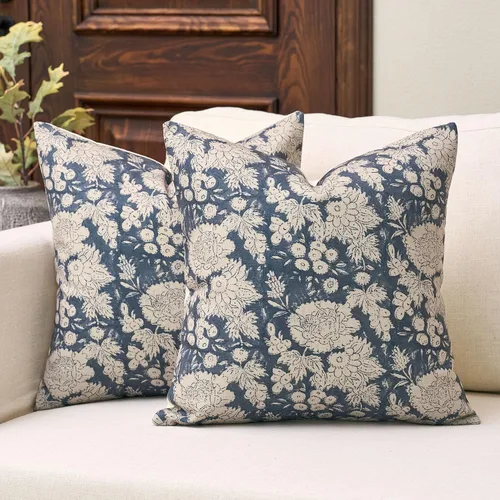 Vista 9 de DOMVITUS Fundas de almohada florales de 18 x 18 pulgadas, juego de 2, fundas de almohada vintage con estampado en bloque, fundas de almohada