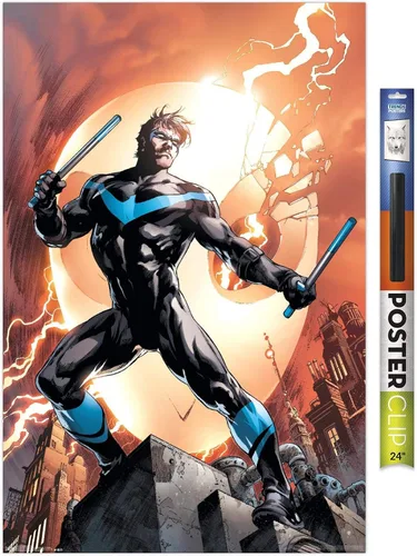 Vista 25 de Trends International DC Comics Nightwing - Póster de pared de fuego, 14.725 x 22.375 pulgadas, versión enmarcada de madera de granero
