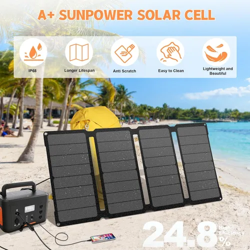 Vista 7 de SOKIOVOLA [Actualizado] Paneles solares plegables 50W Cargador de panel solar portátil 3 puertos de salida (USB-A USB-C DC) Panel solar plegable