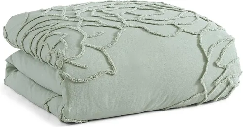 Vista 7 de Peri Home Juego de edredón y fundas de almohada de 3 piezas, 100% algodón, color verde chenilla rosa, matrimonial/queen