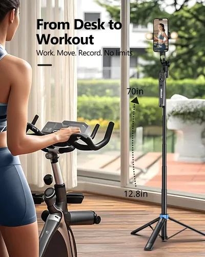 Vista 6 de UBeesize Trípode de seguimiento facial automático de 70 pulgadas, rotación de 360° con soporte, trípode para teléfono con luz de relleno, palo