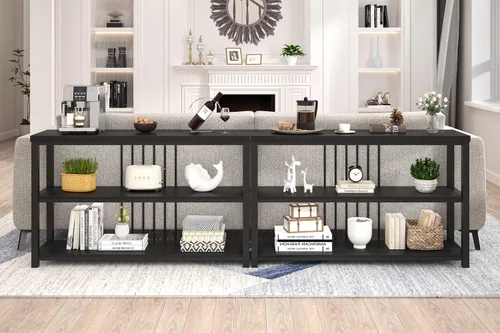 Vista 5 de FOLUBAN Mesa de entrada, moderna mesa consola de sofá con estante de almacenamiento de 3 niveles para sala de estar, pasillo, vestíbulo, roble negro