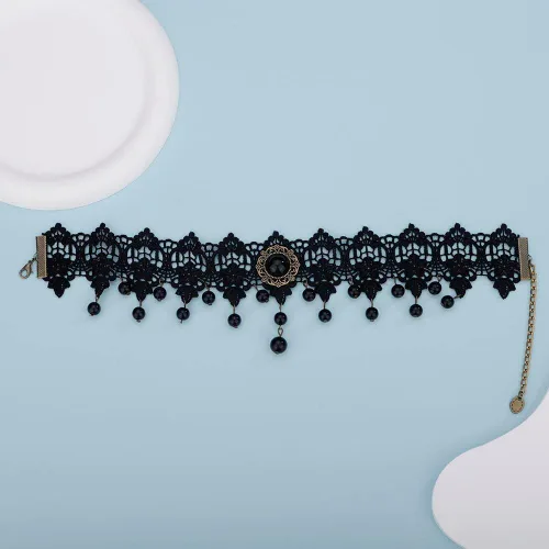 Vista 5 de Elegante collar de encaje negro vintage con flores a juego ligero para mujeres y niñas, gargantilla de piedra bohemia para adolescentes, niñas