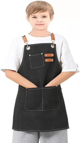 Vista 3 de Delantales ajustables para niños, herramienta impermeable para cocinar, pintura, jardinero, lienzo delantal para niñas y niños de 6 a 12 años