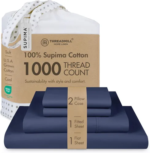 Vista 15 de Threadmill Sábanas de lujo de algodón Supima, sábanas de 100% algodón suave de 1000 hilos de lujo para cama tamaño matrimonial, juego de 4 sábanas