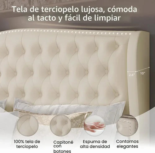 Vista 6 de BRELTAM Marco de cama tapizado tamaño Queen en terciopelo color beige con cabecera y pie de cama acolchados con botones profundos y soporte