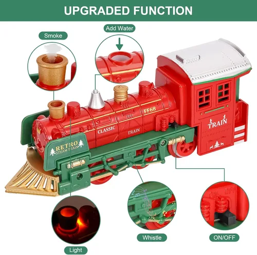 Vista 4 de Juego de tren eléctrico para niños y niñas, juego de tren de Navidad con humo real, sonidos y luces, tren de juguete clásico con motor de locomotora