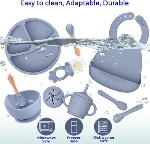 Vista 8 de Juego de alimentación de silicona para bebés, 10 suministros de destete LED para bebés, platos para bebés sin BPA con platos y cuencos para niños