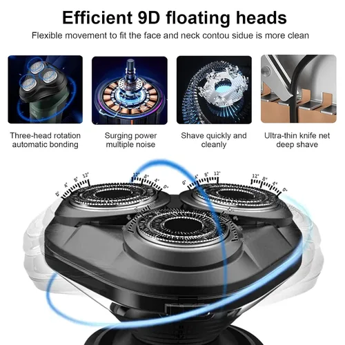 Vista 8 de Maquinilla de afeitar eléctrica 9D para hombre, recortadora de barba con 3 cabezales flotantes, afeitadora totalmente lavable, recargable