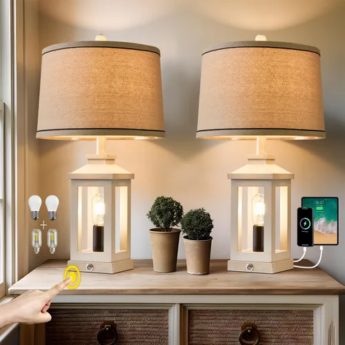 Vista 14 de G-SAFAVA Lámparas de mesa de granja de 23.75 pulgadas, puertos de carga USB A+C, lámpara de control táctil regulable de 3 vías, luz nocturna